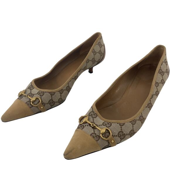 Gucci Brown/Tan Logo Canvas/Suede Horsebit Kitten Pump Heels Women’s 10 Preowned - Picture 1 of 8